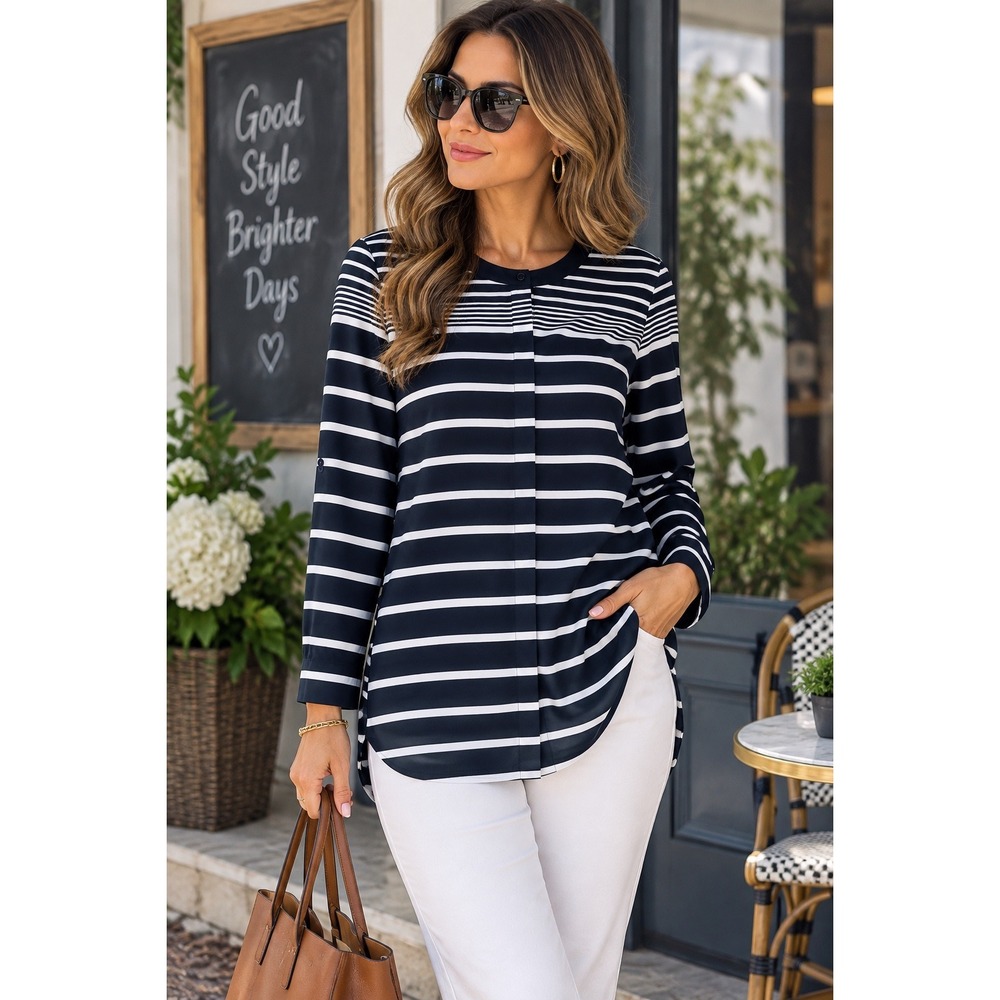Talbots Navy White Striped Tunic Blouse Preppy Nautical Coastal Career Old Money